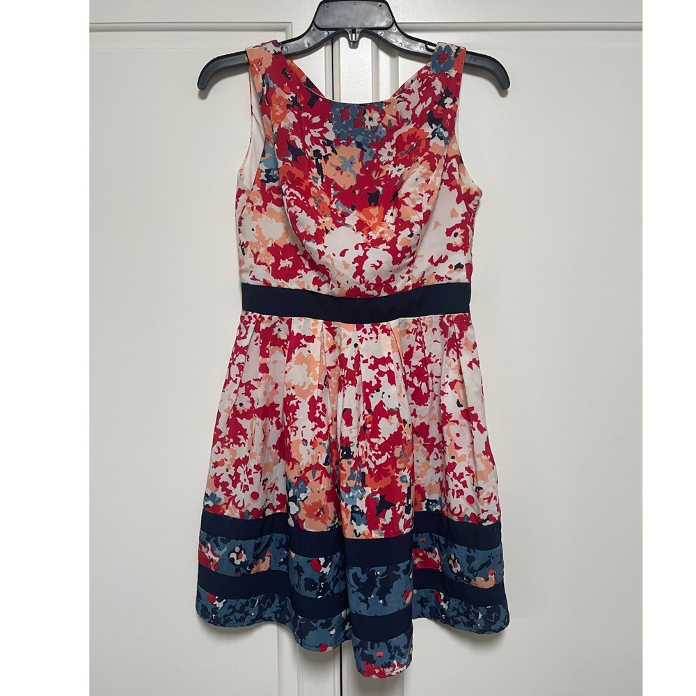 Girls red and blue Floral dress with criss cross back Size 5/6